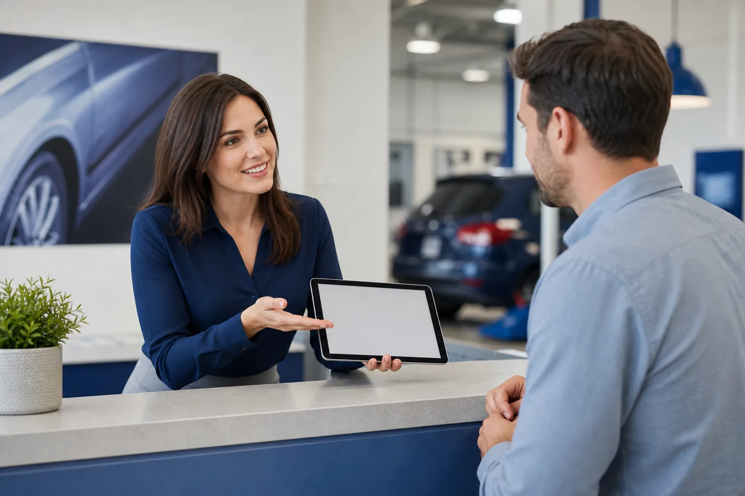 Service advisor explaining vehicle diagnostic report to a client at radiolariax, 1200x800