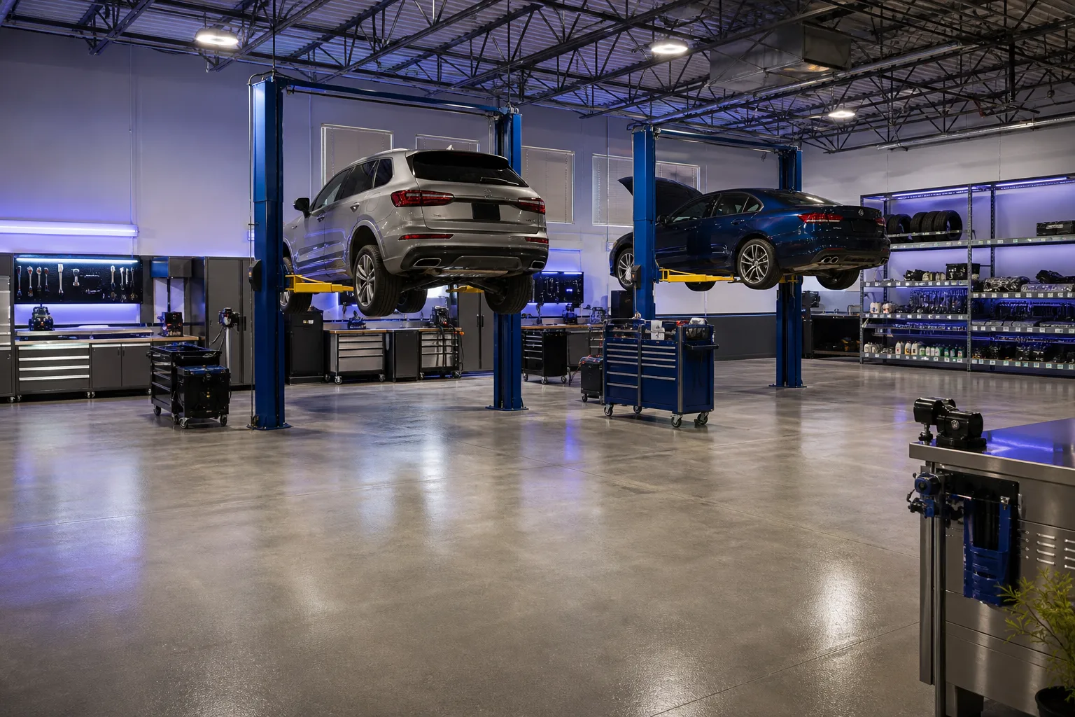 Wide view of radiolariax workshop floor with vehicle lifts and organized tool stations, 1200x900