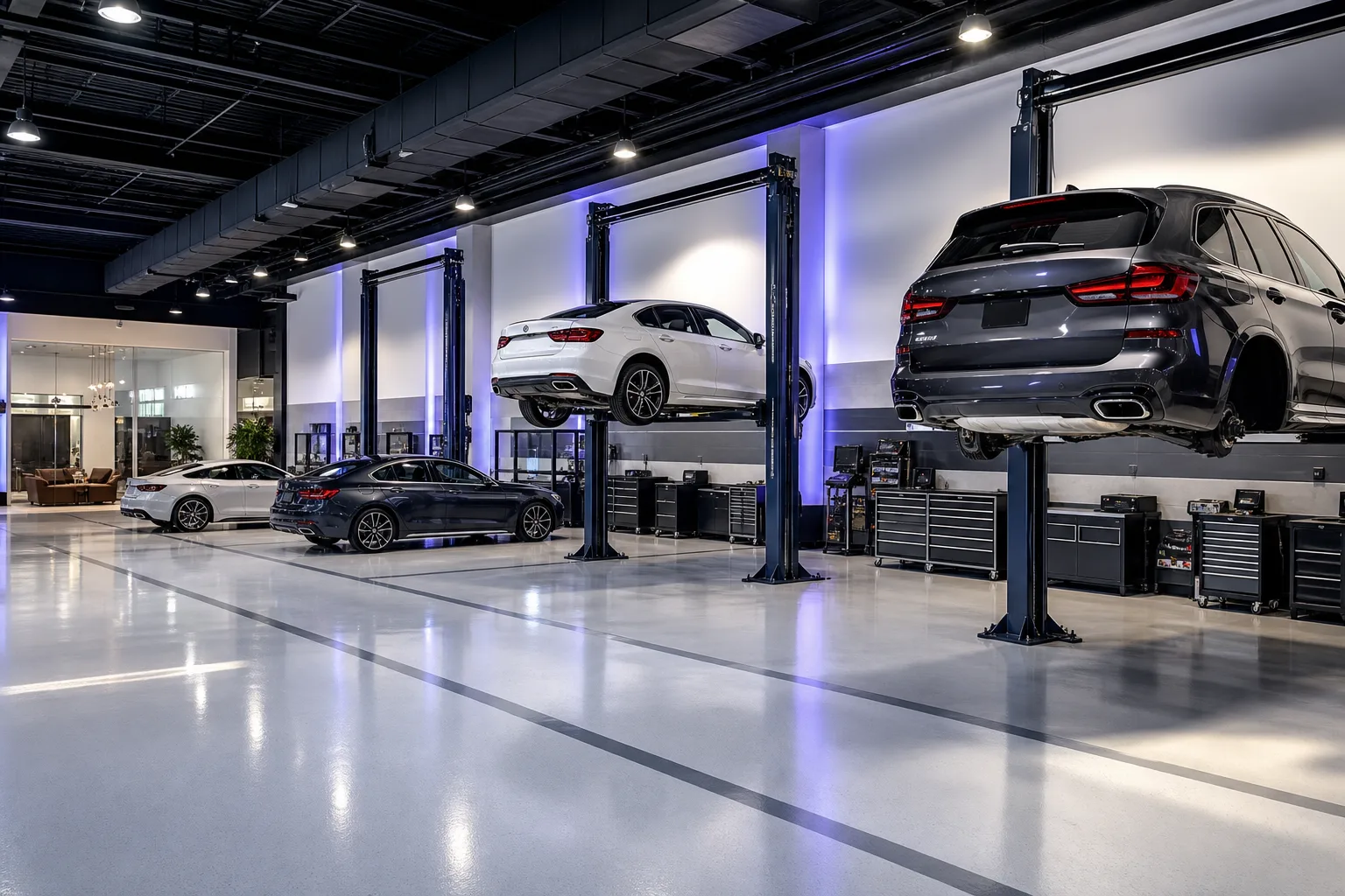 Modern auto service center interior with diagnostic bays and professional equipment, 1920x1080