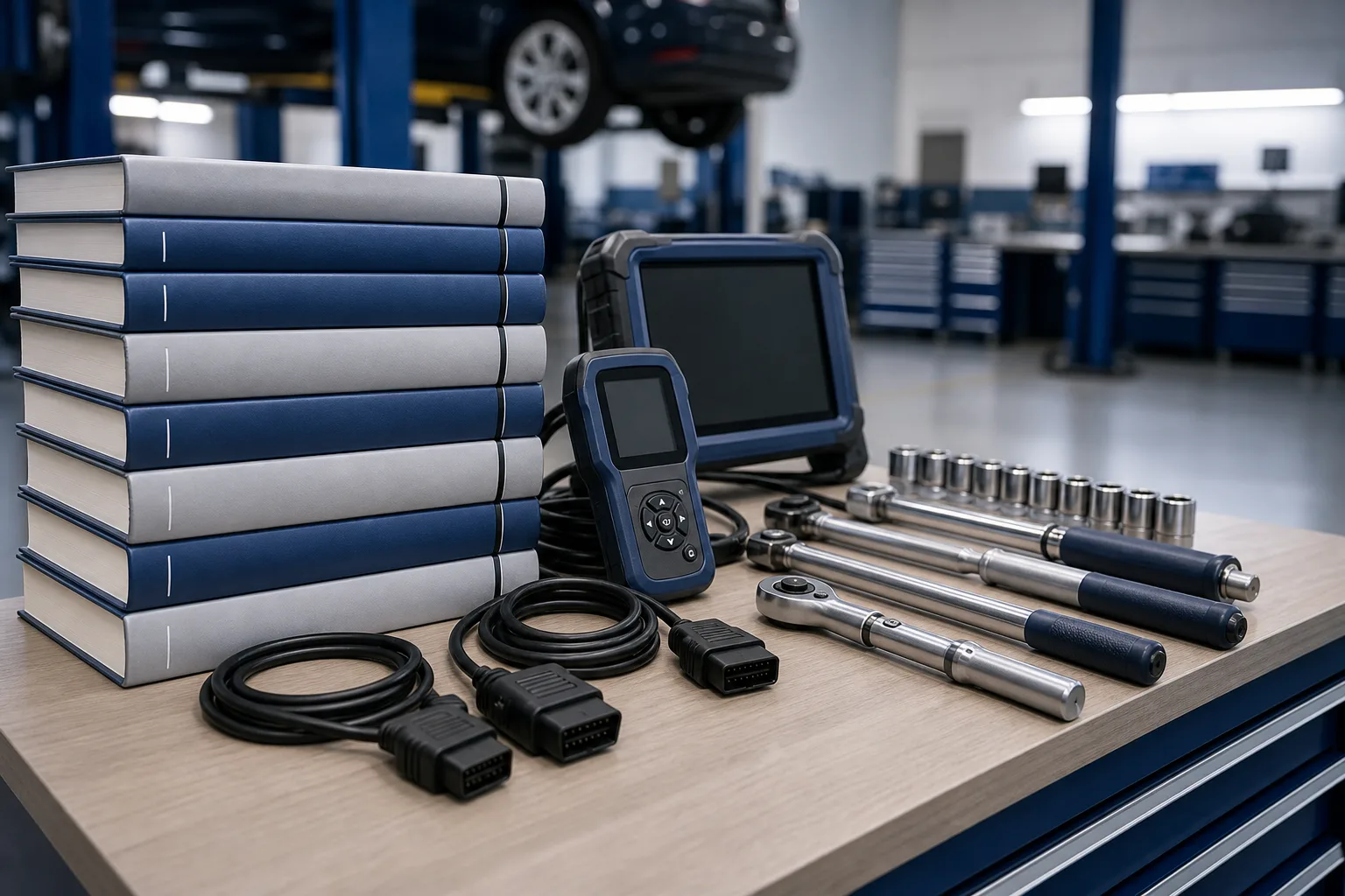 Automotive technical manuals and diagnostic tools arranged in a professional workshop setting, 1920x1080