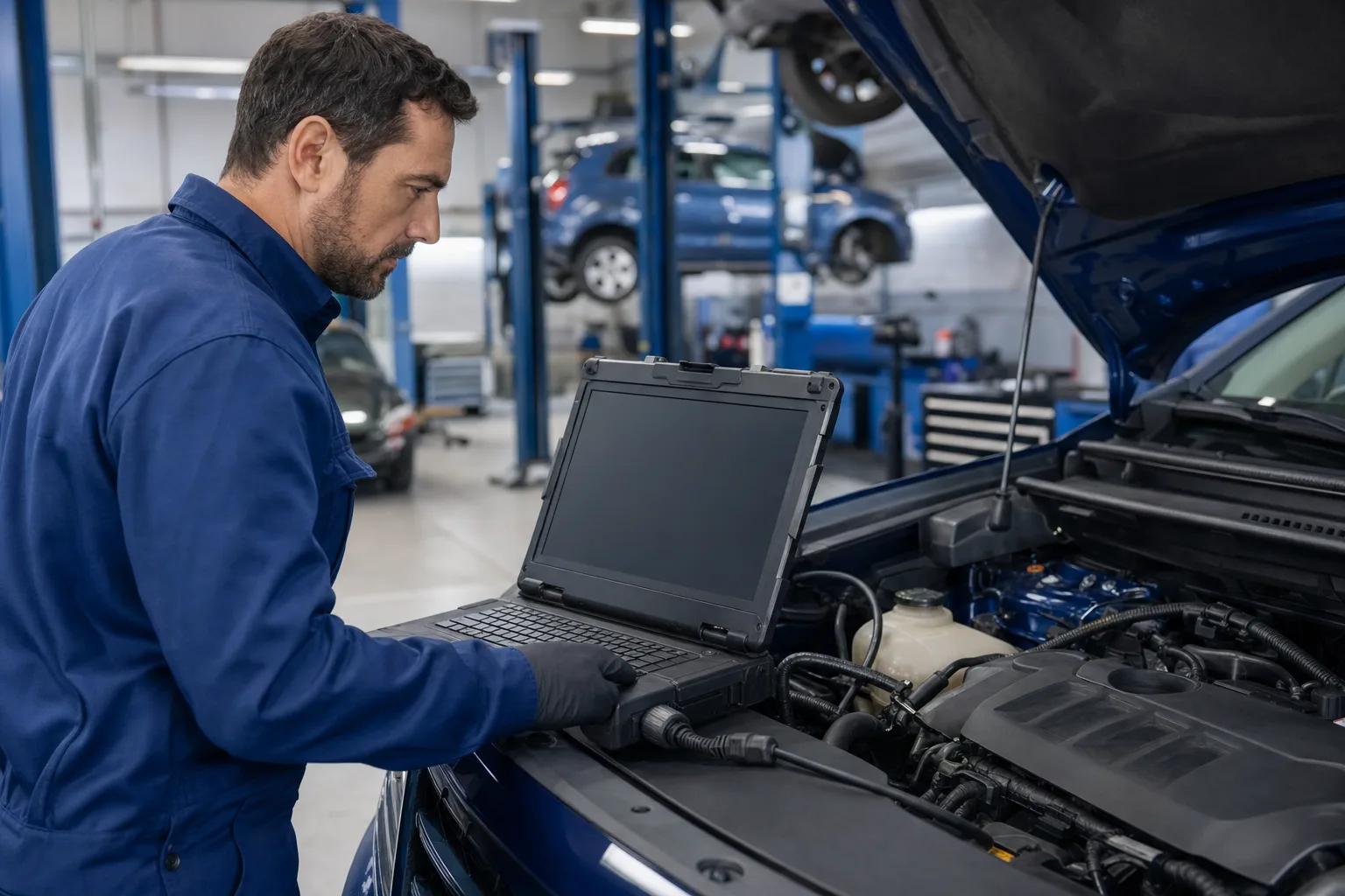 Technician analyzing engine idle behavior with diagnostic scan tool connected to vehicle, 1200x675