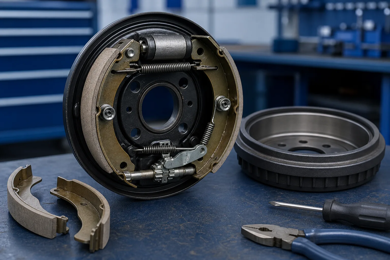 Rear brake drum mechanism with self-adjusting components displayed during service inspection, 1200x675