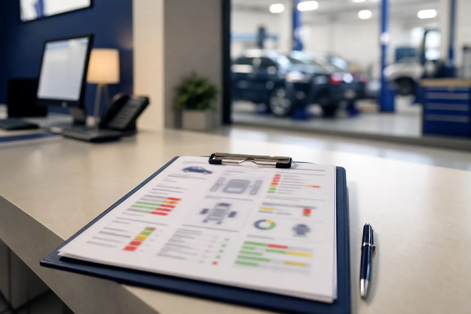 Printed vehicle technical condition passport with component status ratings on a service desk, 1200x675