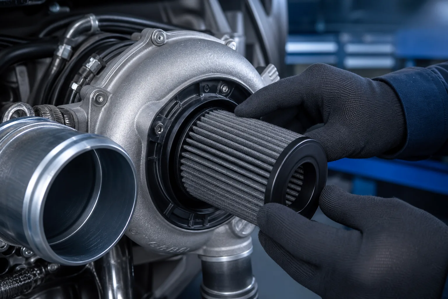 Close-up of turbocharger air filter housing being inspected during scheduled maintenance, 1200x675
