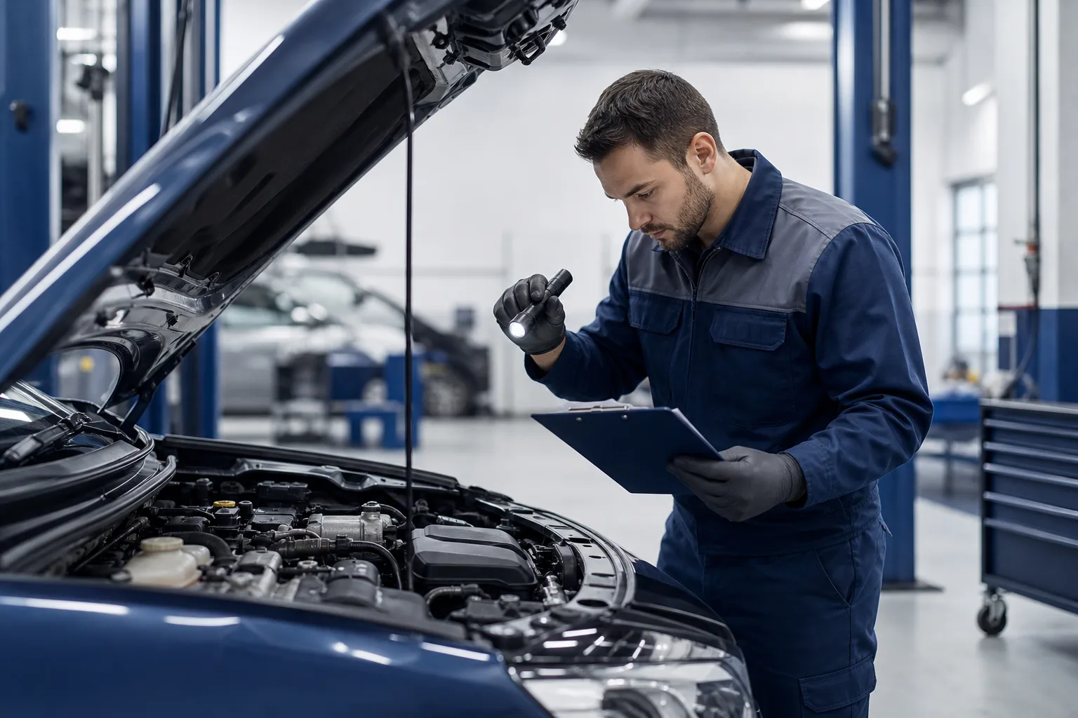 Technician performing detailed vehicle inspection in a modern auto service bay, 1200x800