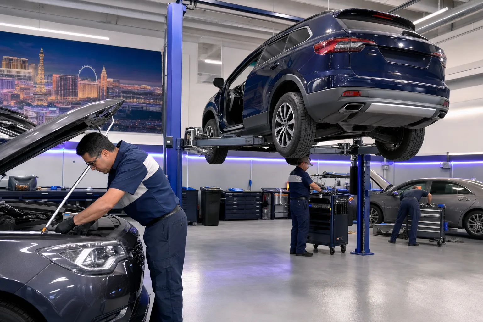 Professional auto service garage interior with technicians working on vehicles, 1920x1080